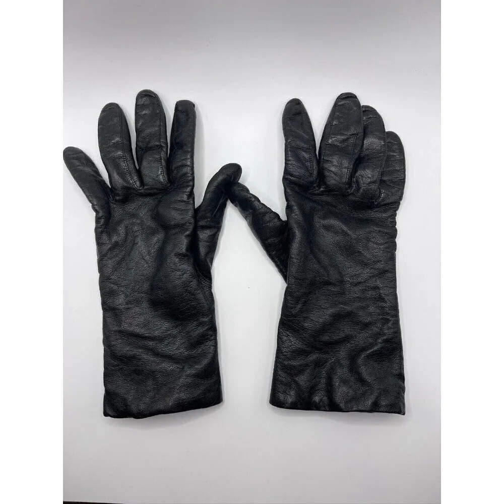 Black Vintage High Leather Gloves Cashmere Lined Size 8
